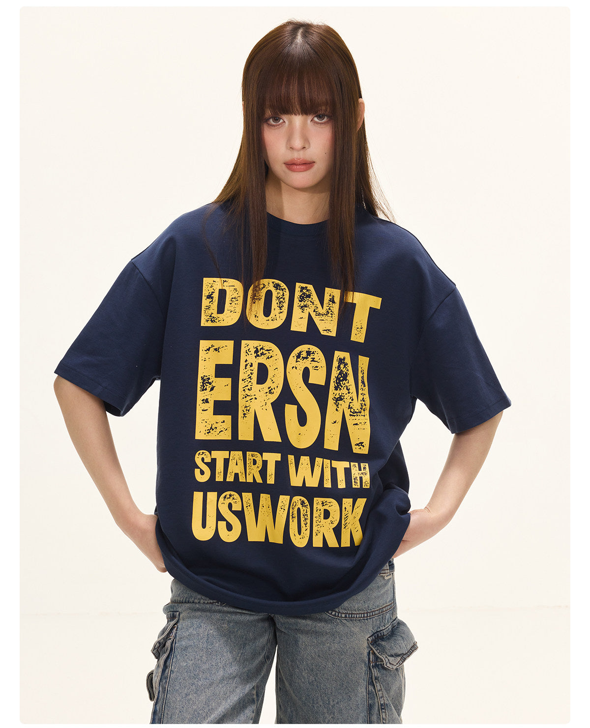 Letter Print Loose T-shirt - Navy