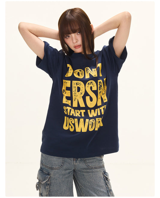 Letter Print Loose T-shirt - Navy