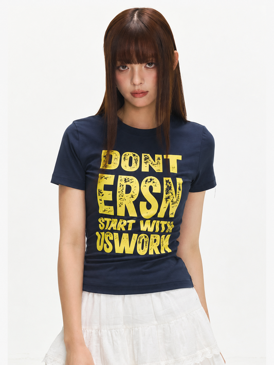Letter Print Slim T-shirt - Navy